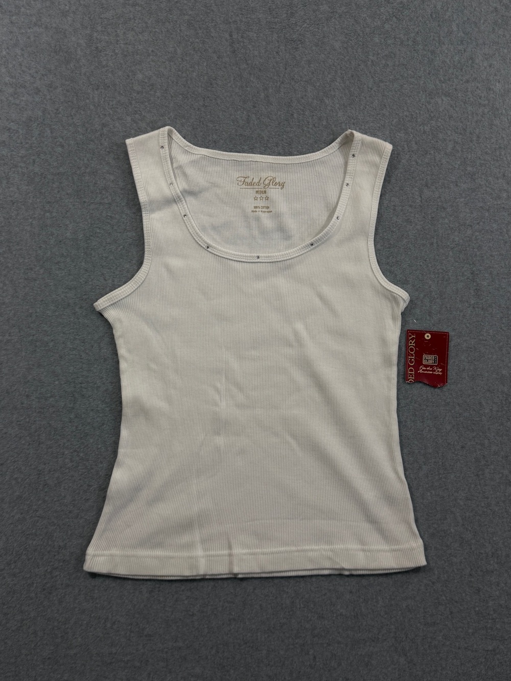 2005 Y2K New Faded Glory White Ribbed Rhinestone Tank Top Size Medium